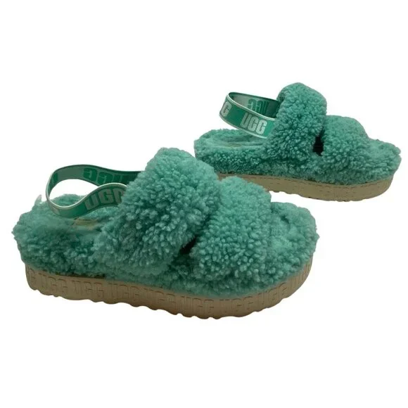 UGG Women's Oh Fluffita 1120876 Green Curly Sheepskin Strappy Slippers Size 9 - Picture 4 of 7